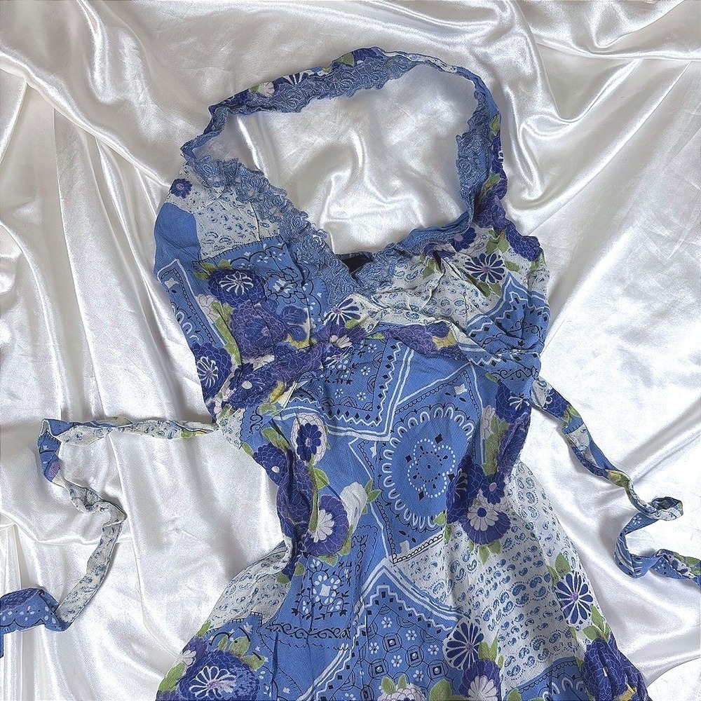 y2k Halter rayon Dress Blue Excellent Patchwork Floral Bandana Lace Trim Angie - Picture 2 of 7